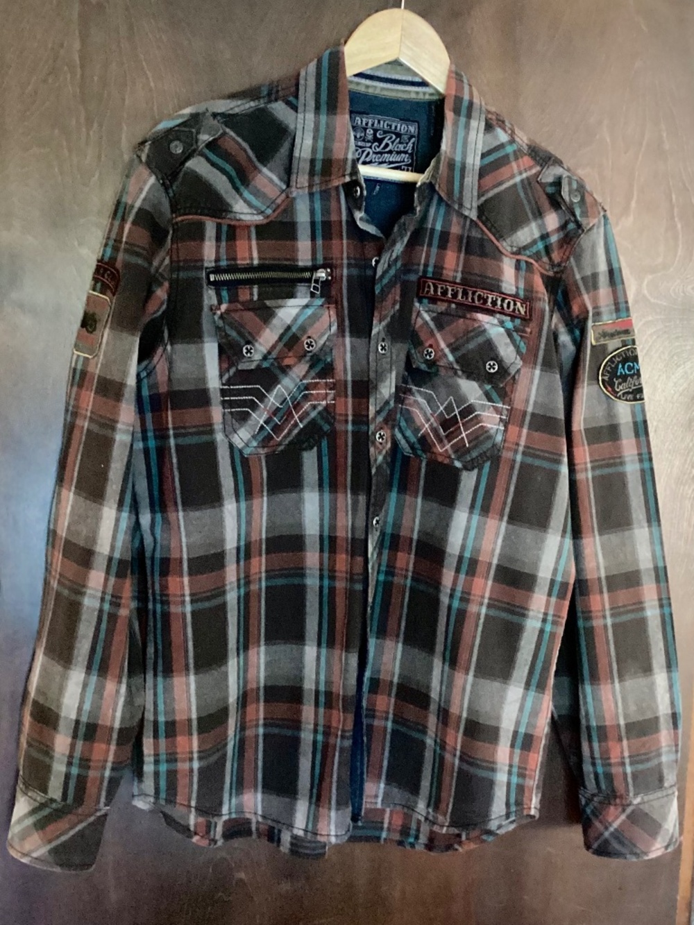 Men’s AFFLICTION Motor Company Plaid Long Sleeve Button Down Shirt Sz Large